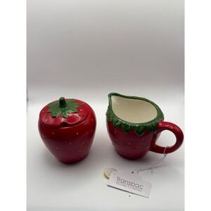 Transpac Strawberry Sugar Bowl Creamer Set Lid Pitcher Red Green Ceramic Fruit